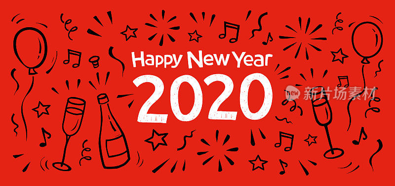 Happy new year doodle greeting card 2020.